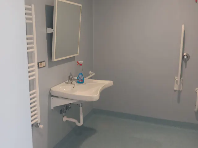 Bagno accessibile con lavabo e pavimento in PVC azzurro