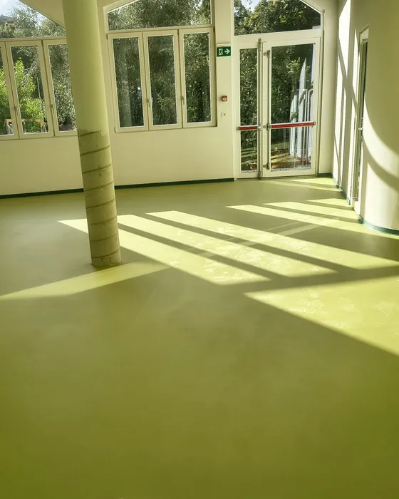 Salone con pavimento in linoleum verde