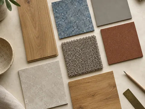 Campioni di pavimenti in legno, linoleum, moquette e gomma