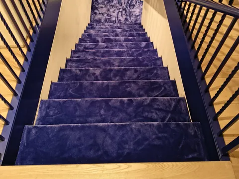 Scala con ringhiere nere e gradini in moquette blu