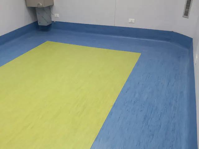 Locale con pavimento in linoleum giallo-verde e bordo blu