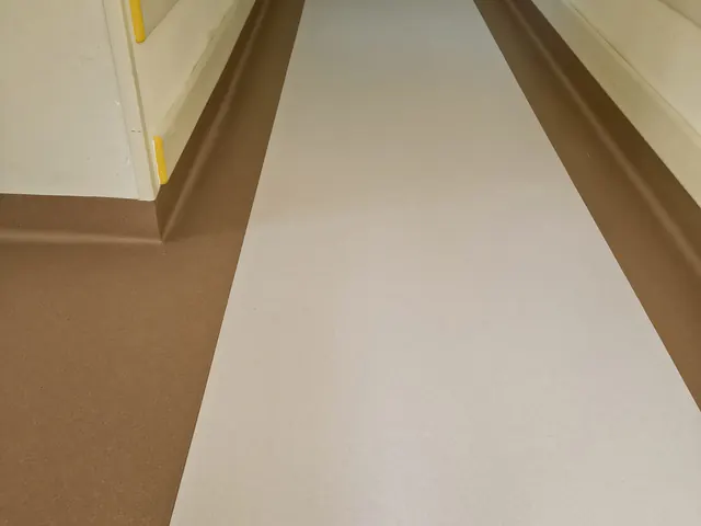 Corridoio con pavimento in PVC chiaro e raccordo marrone sulla parete