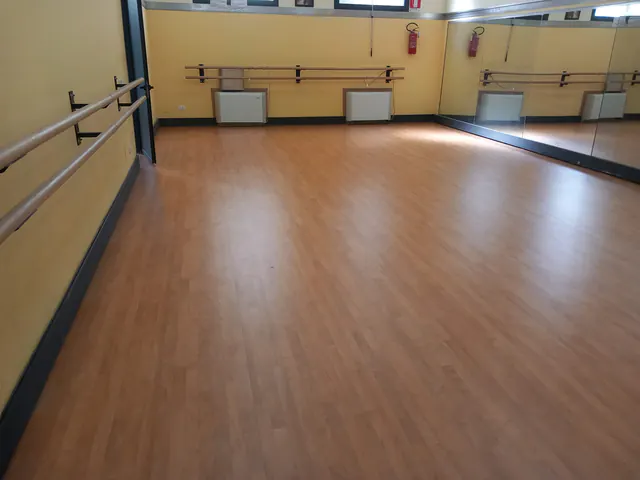Sala danza con sbarre e pavimento sportivo effetto legno