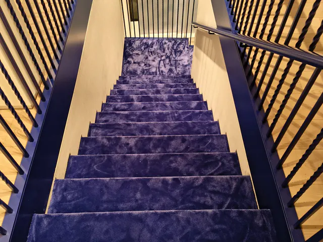 Scala con ringhiere nere e gradini in moquette blu