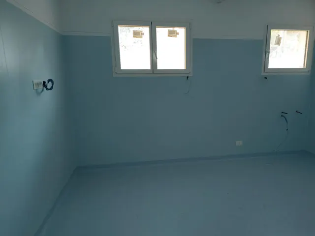 Stanza a due finestre, con pavimento e pareti in PVC azzurro