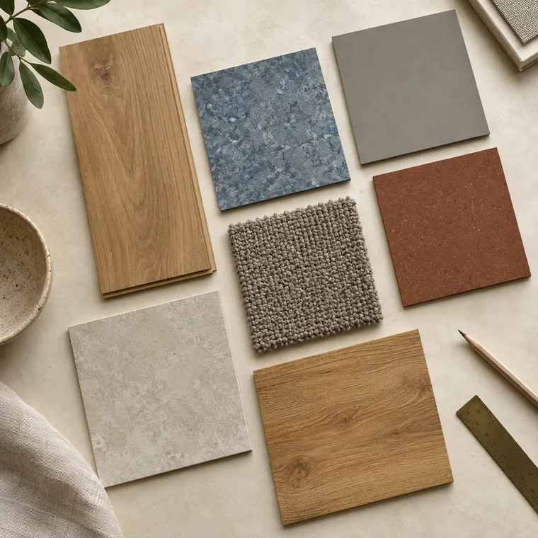 Campioni di pavimenti in legno, linoleum, moquette e gomma